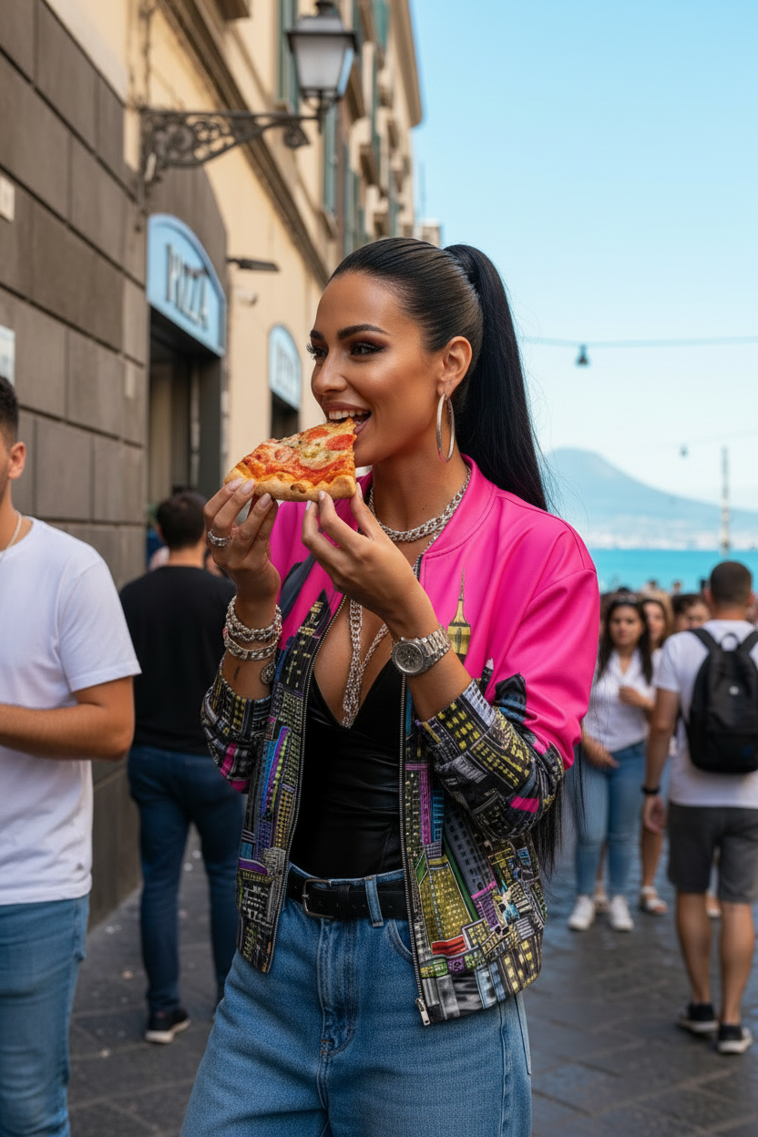 Women earring pizza wearing a vibrant fuchsia Loria NYC Art jacket on an urban street.