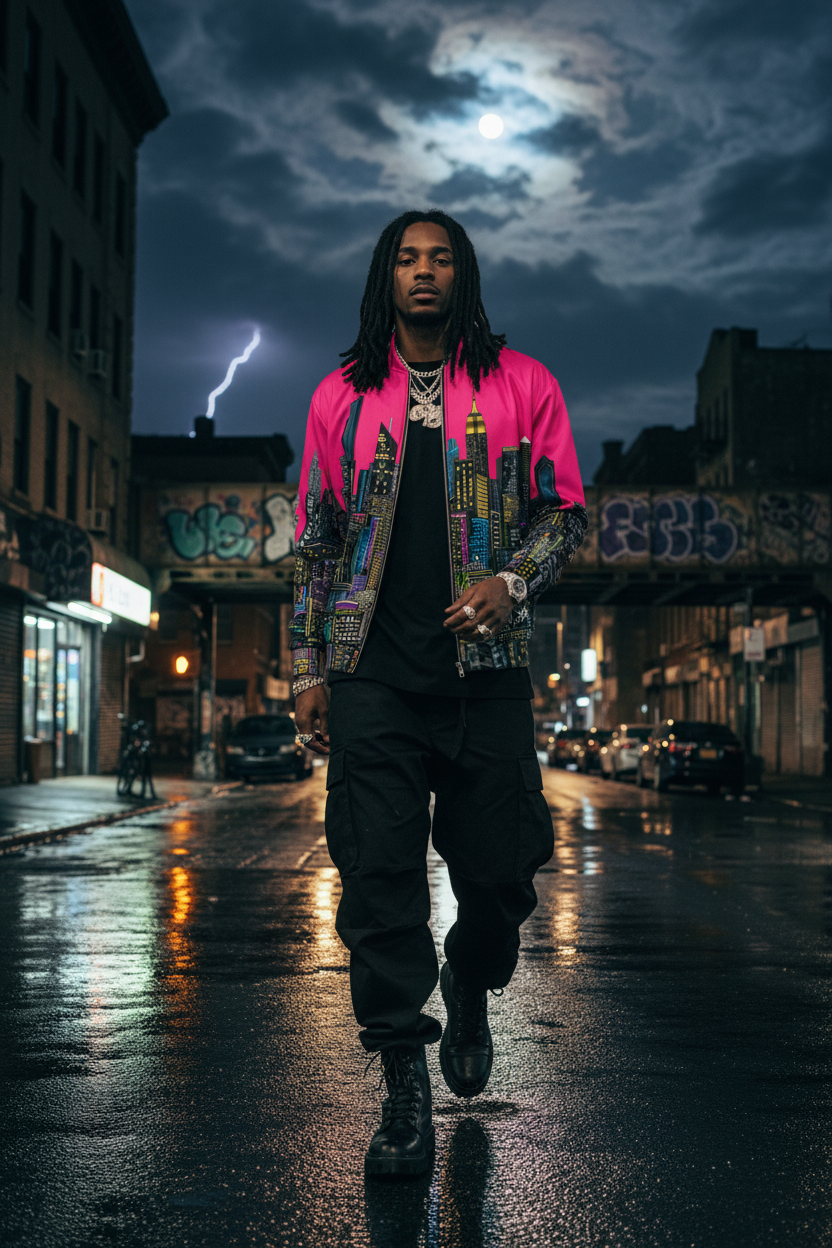 Man walking in city streets wearing a Loria NYC Art fuchsia colored jacket 