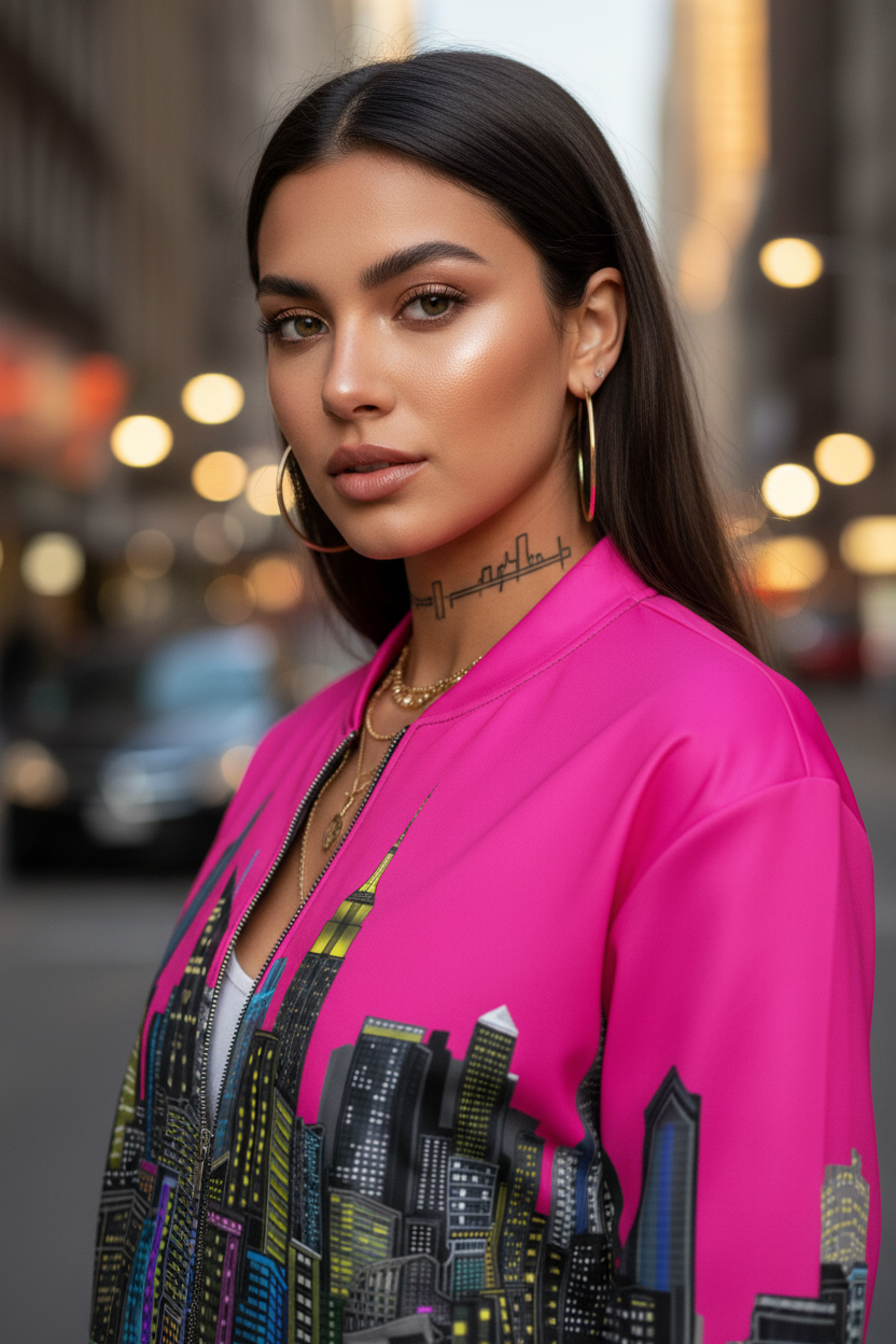 Girl posing in city wearing vibrant fuchsia Loria NYC Art designer jacket