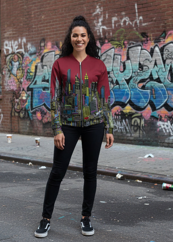 Girl posing in a maroon jacket with a colorful cityscape design by Loria NYC Art on a white background