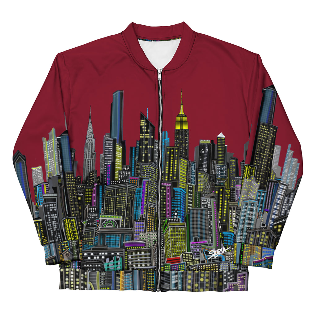 Front folded sleeves of a Maroon jacket with a colorful cityscape design by Loria NYC Art on a white background