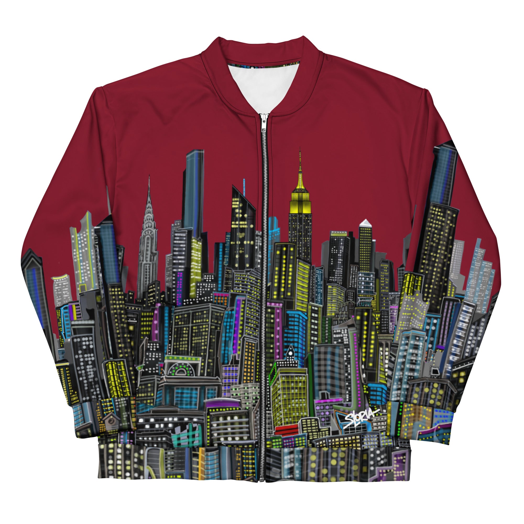 Front folded sleeves of a Maroon jacket with a colorful cityscape design by Loria NYC Art on a white background