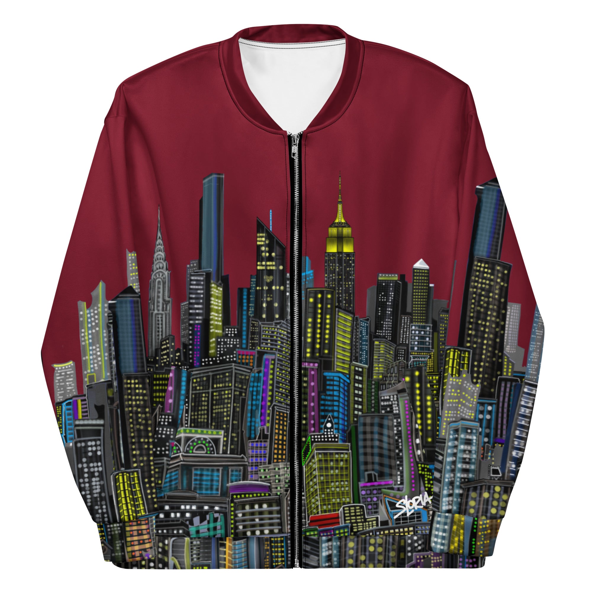 Front of jacket with folded sleeves, Maroon color with a colorful design by Loria NYC Art on a white background