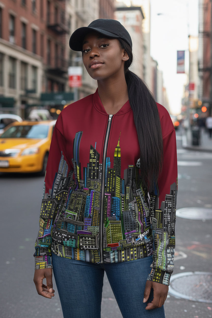Person wearing a maroon jacket with a colorful cityscape design by Loria NYC Art on a urban background