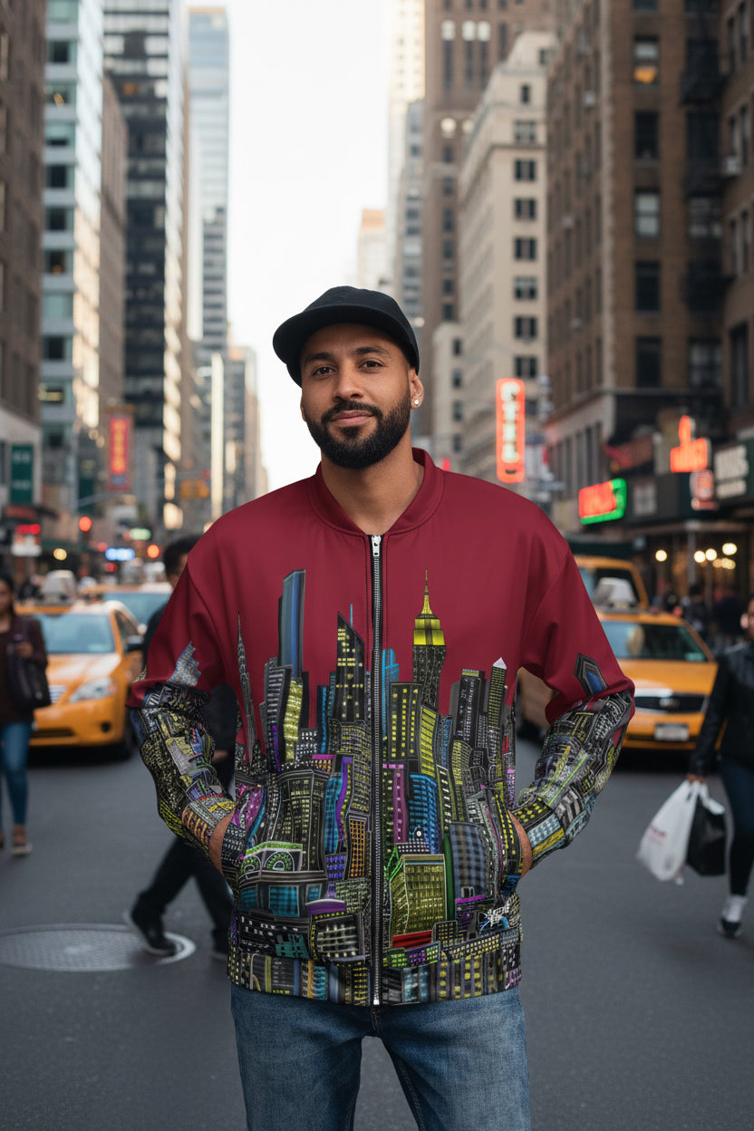 Man wearing a maroon jacket  with a colorful cityscape design on a white background