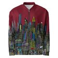 Maroon jacket with a colorful cityscape design by Loria NYC Art on a white background