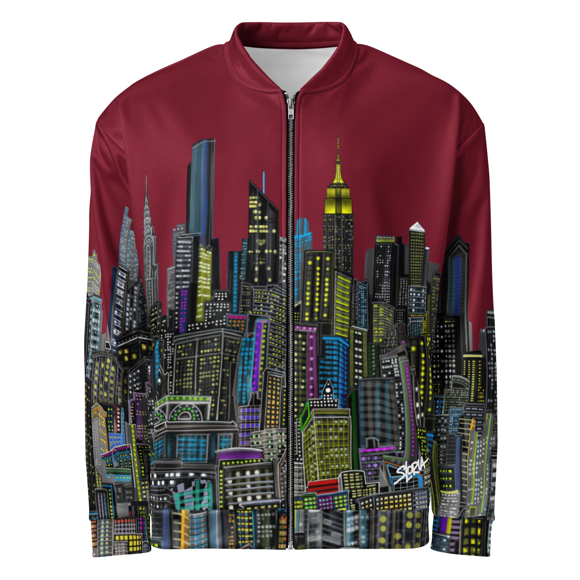 Maroon jacket with a colorful cityscape design by Loria NYC Art on a white background