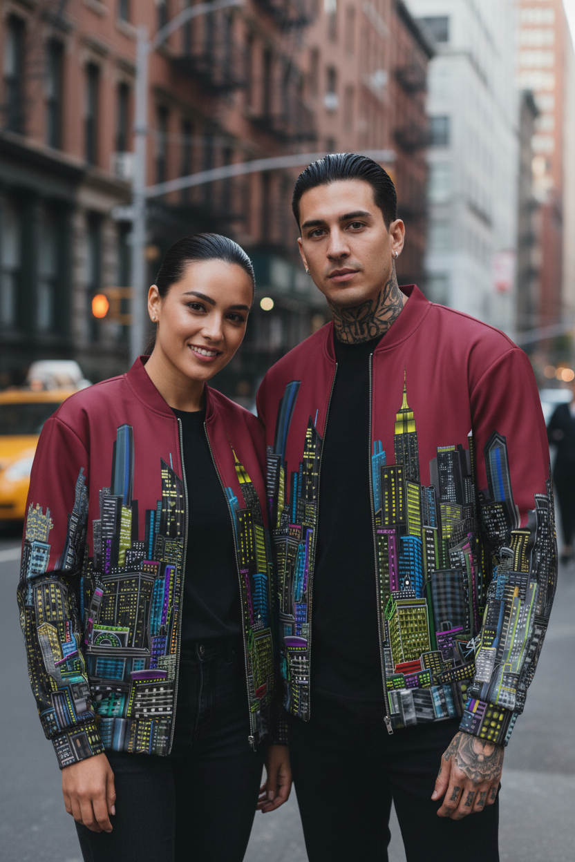 Two people wearing matching Loria NYC Art colorful jackets on a city street.