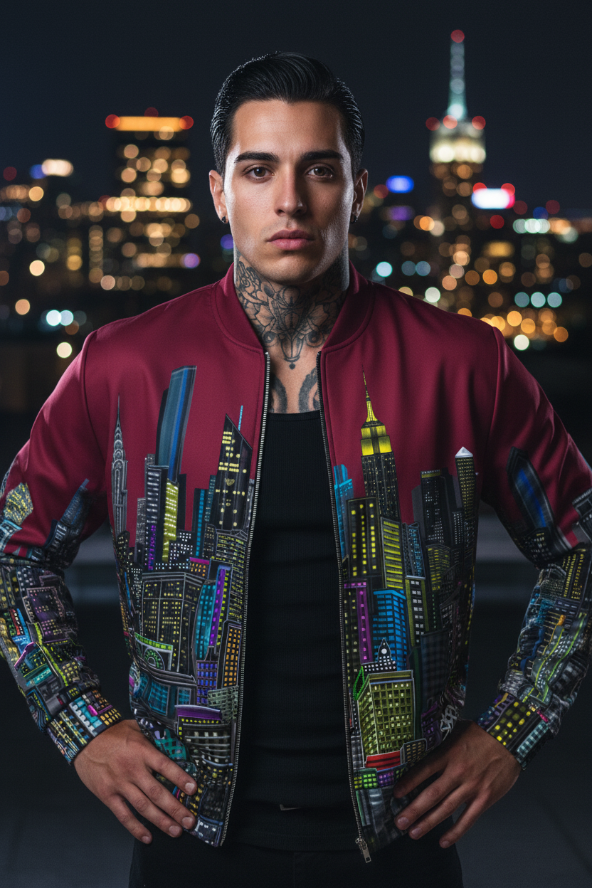 Man wearing a colorful jacket with cityscape Loria NYC Art design against a night cityscape background