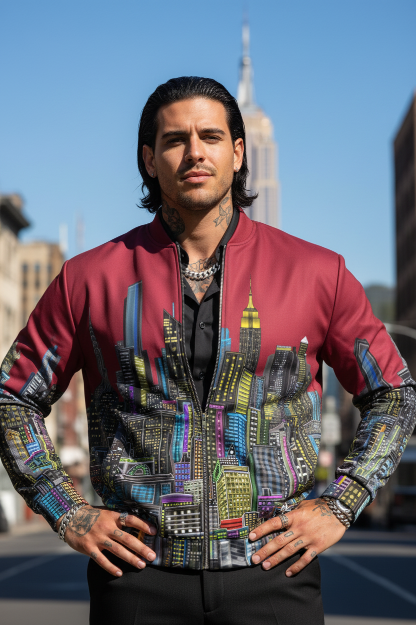 Man wearing a colorful Loria NYC Art jacket with cityscape design in an urban setting