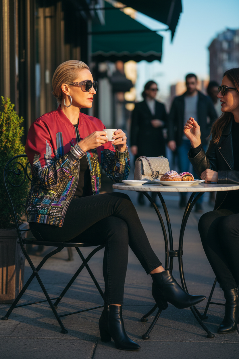 Women wearing a burgundy Loria NYC Art jacket sitting at an outdoor cafe table, one holding a coffee cup.