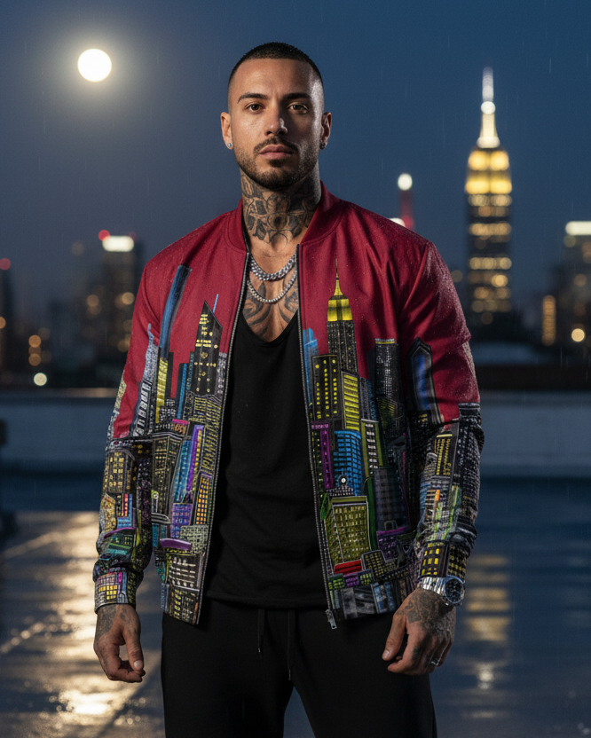 Man wearing a colorful Loria NYC Art jacket with cityscape design on a rooftop at night.