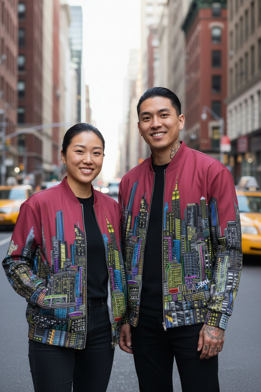 Two people wearing colorful Loria NYC Art cityscape jackets standing on a city street.