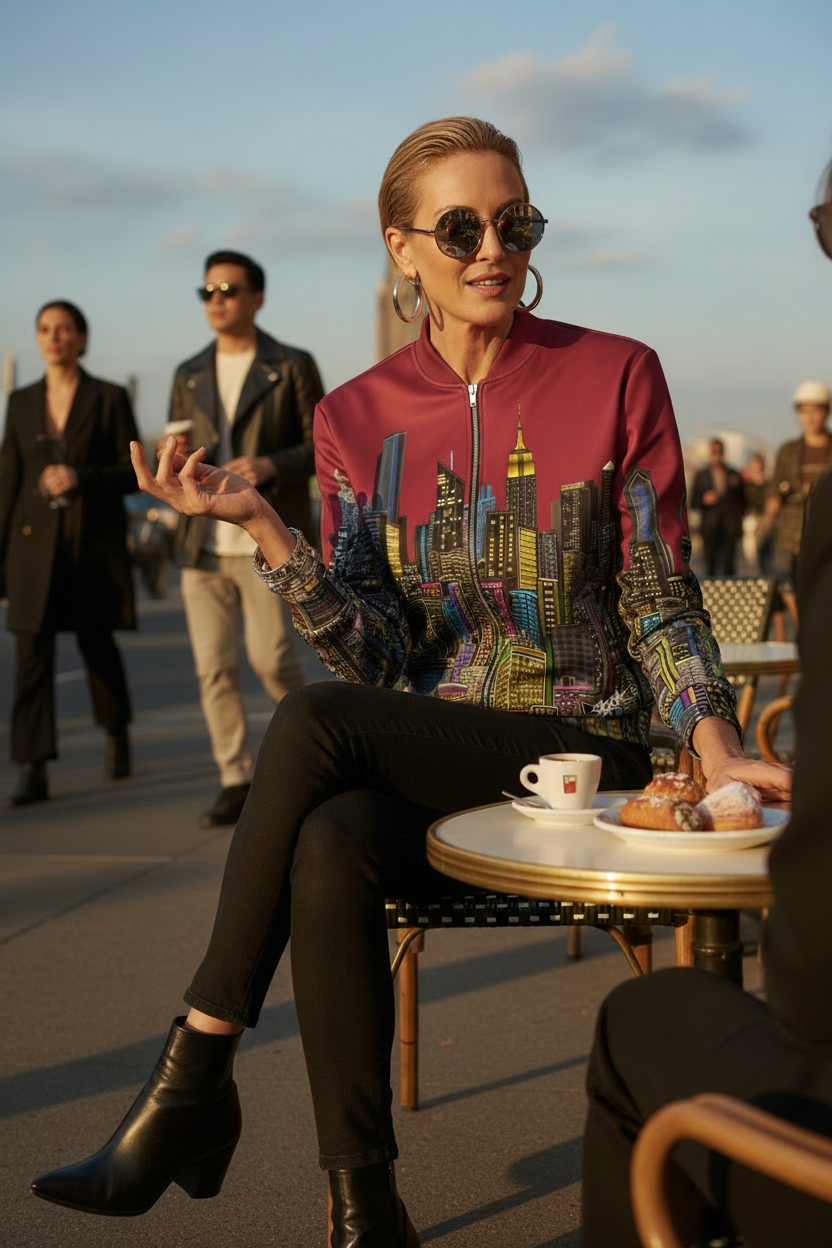 Woman sitting at a table with a Loria NYC Art colorful jacket and sunglasses, surrounded by people in an outdoor setting.