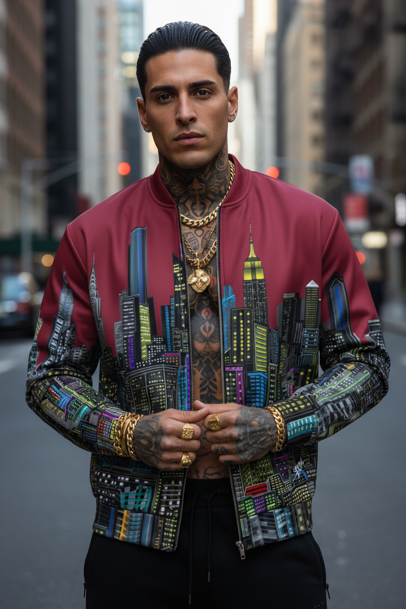 Man wearing a colorful cityscape Loria NYC Art  jacket with tattoos on a city street background
