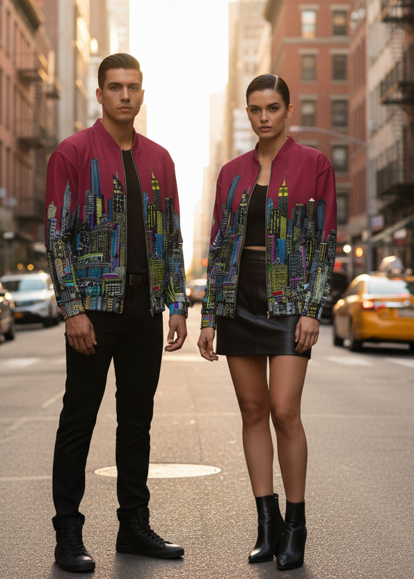 Two models in colorful Loria NYC Art jackets standing on a city street with buildings and traffic in the background.