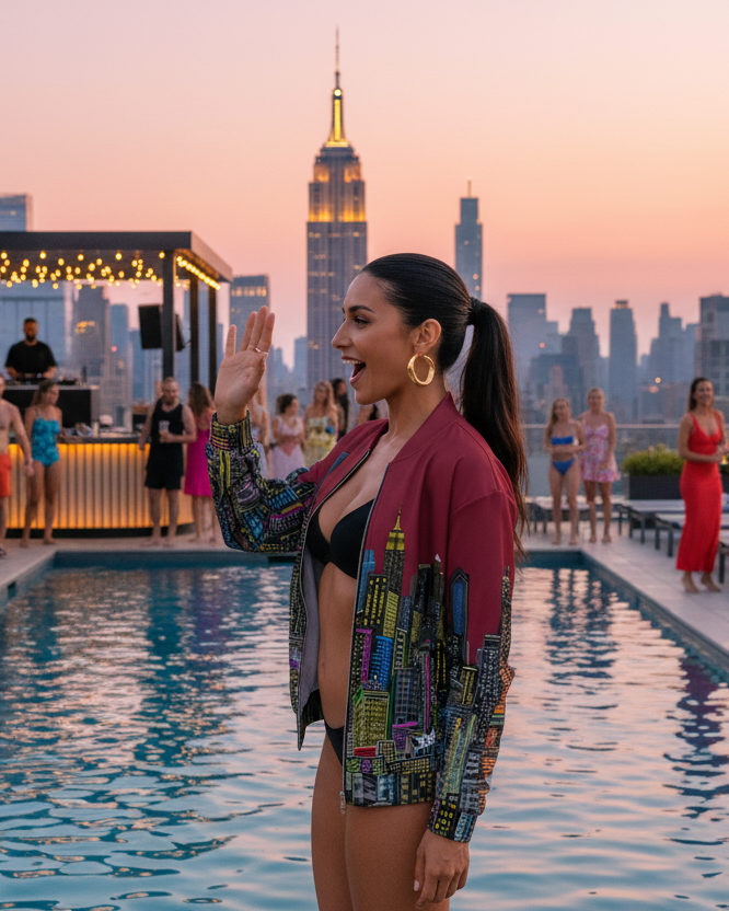 Woman waving at a rooftop pool party with city skyline in the background wearing maroon Loria NYC Art bomber jacket