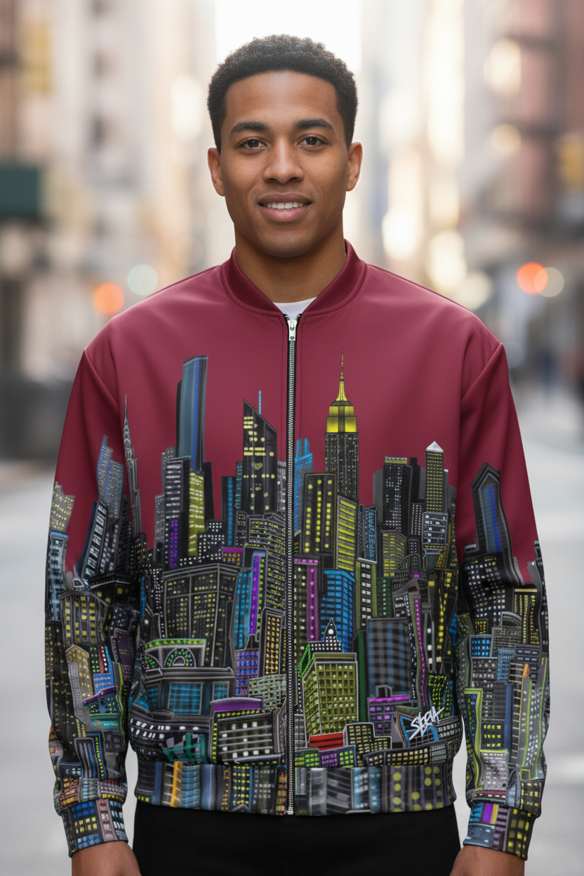 Person wearing a maroon jacket with a colorful Loria NYC Art cityscape design on a blurred city street background