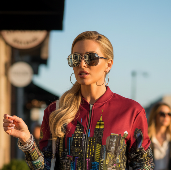 Women wearing a burgundy vibrant Loria NYC Art jacket with cityscape design 