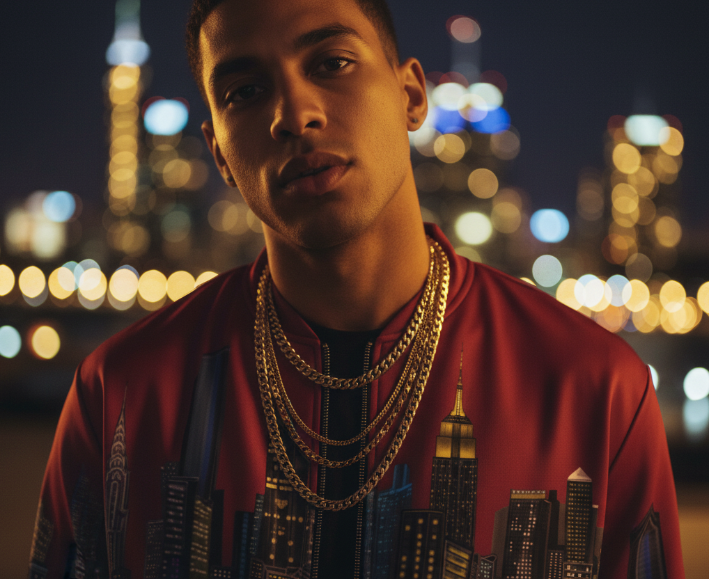 Man wearing a Loria NYC Art  jacket with cityscape design and gold chains against a blurred city lights background