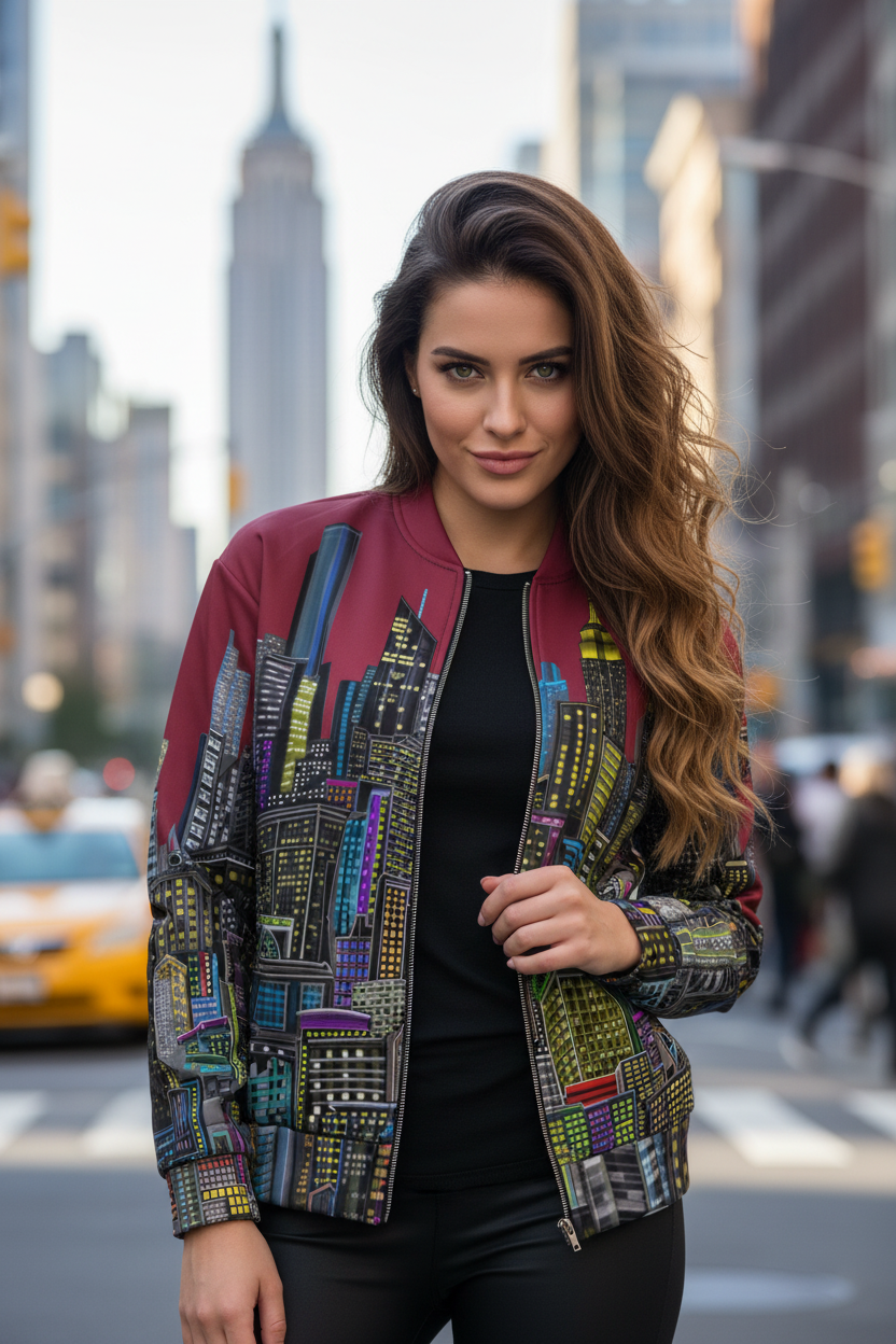 Women posing in a Loria NYC Art skyline jacket on a city street.