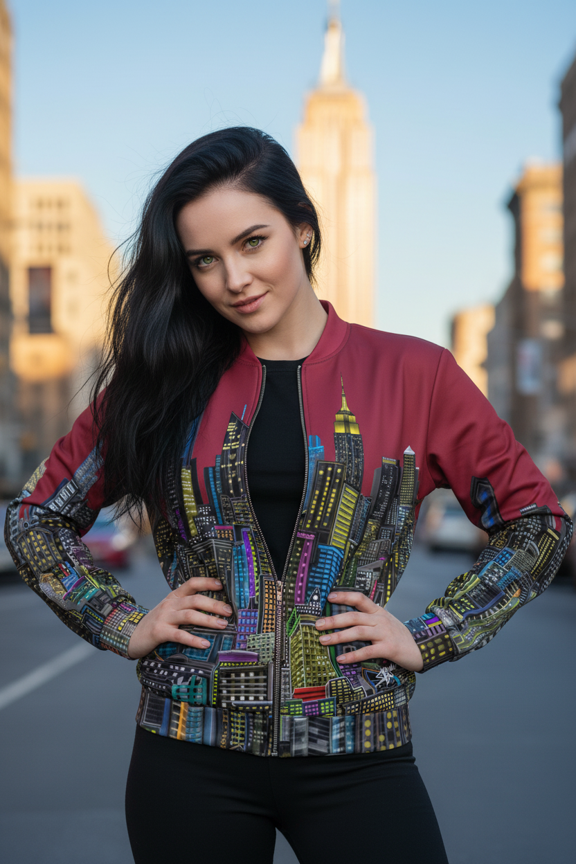 Woman wearing a colorful Loria NYC Art jacket with cityscape design in an urban setting