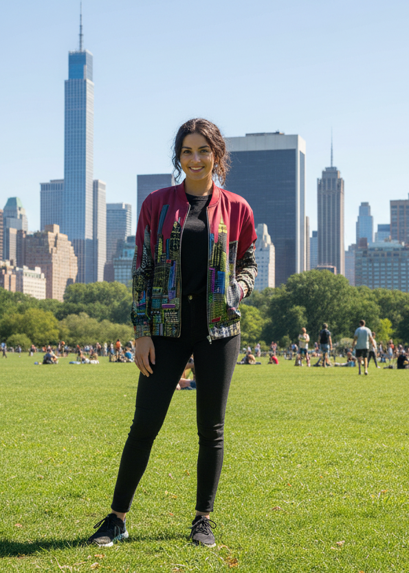 Person standing on a grassy field with a city skyline jacket designed by Loria NYC Art in the background