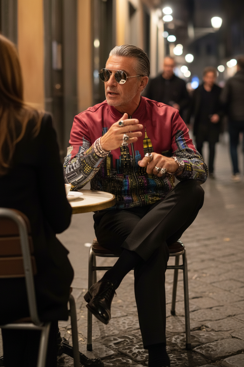 Man sitting at a table on a street, wearing sunglasses and a colorful Loria NYC Art jacket.