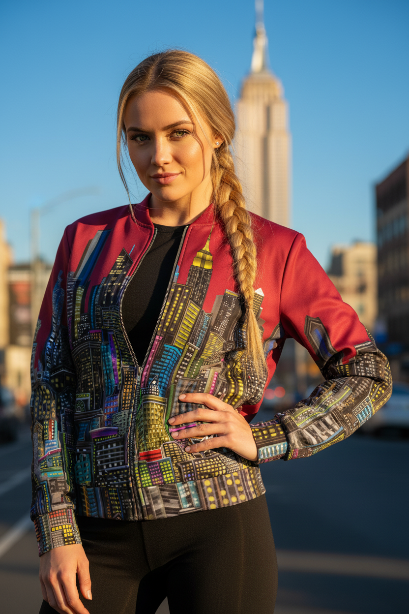 Woman wearing a colorful Loria NYC Art jacket with a blurred cityscape background