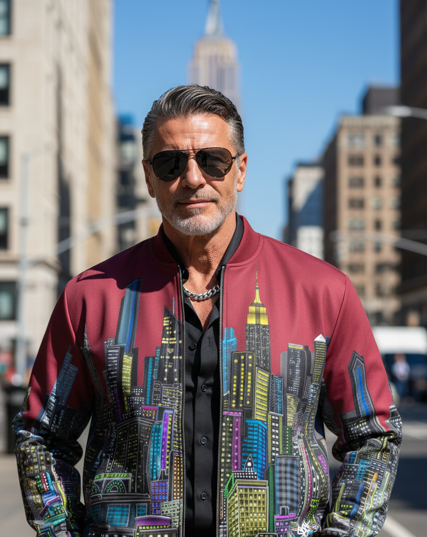 Man wearing a burgundy Loria NYC Art jacket in a city setting.