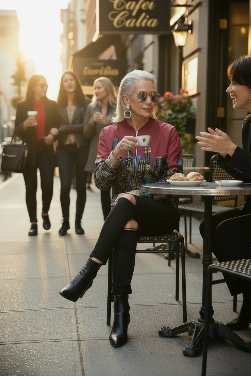 Woman wearing a Loria NYC Art jacket sitting at an outdoor cafe table in a city street, holding a coffee cup.