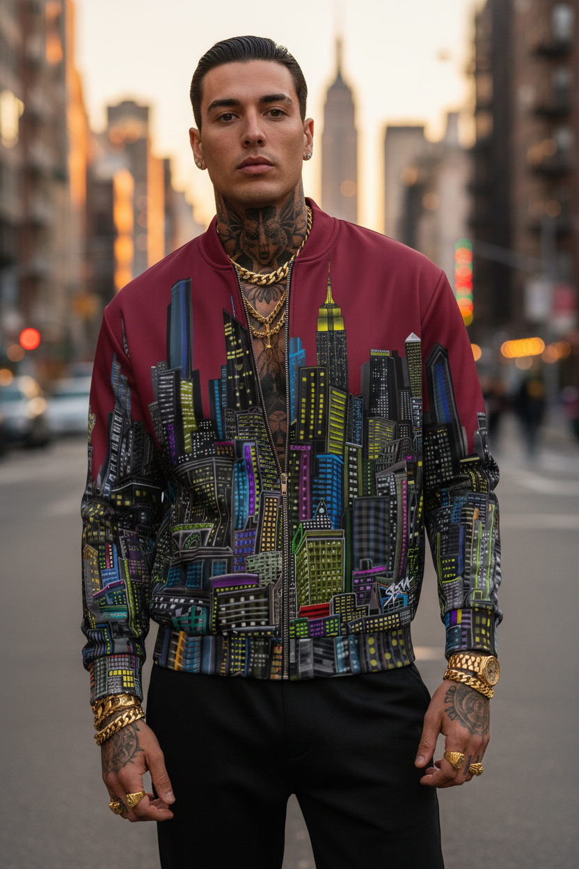 Man wearing a colorful  Loria NYC Art jacket with cityscape design on a city street.