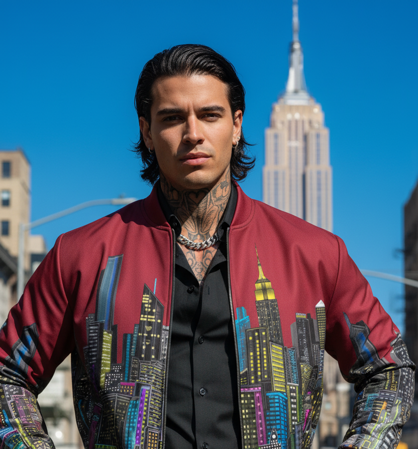 Man wearing a colorful jacket with cityscape Loria NYC Art design in an urban setting
