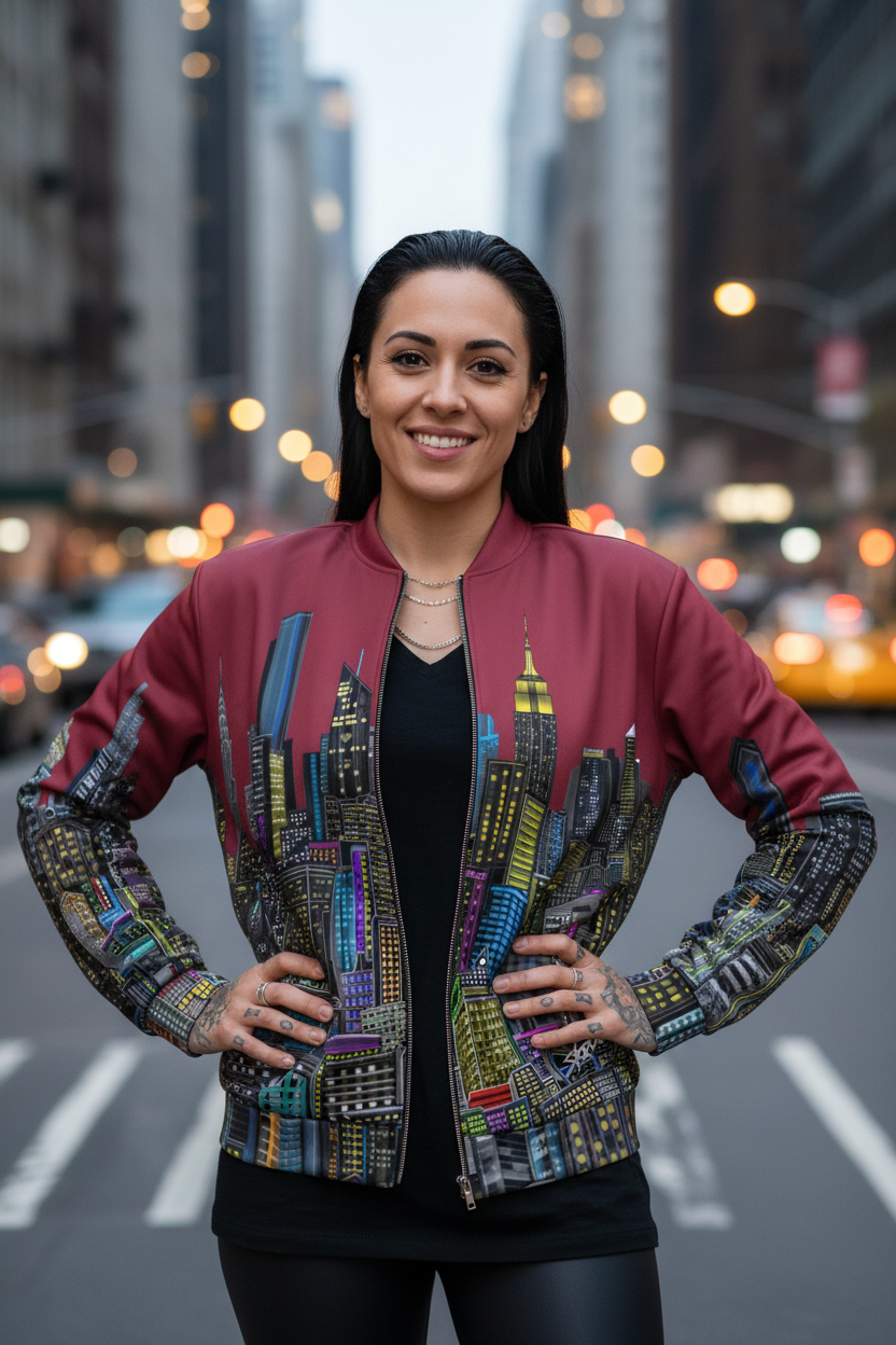 Woman wearing a colorful Loria NYC Art jacket with cityscape design on a city street.