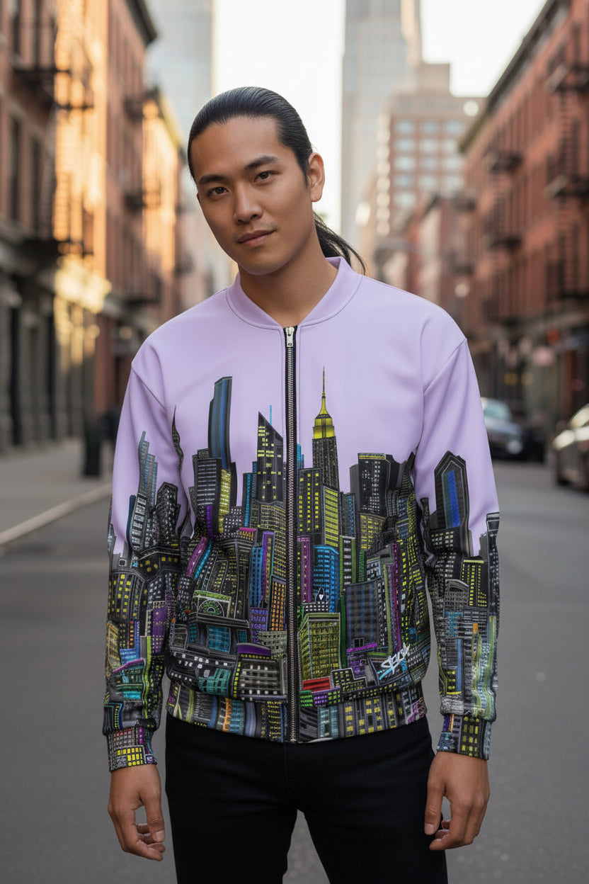 Lady posing a Light purple lavender jacket by Loria NYC Art with cityscape design on a urban background