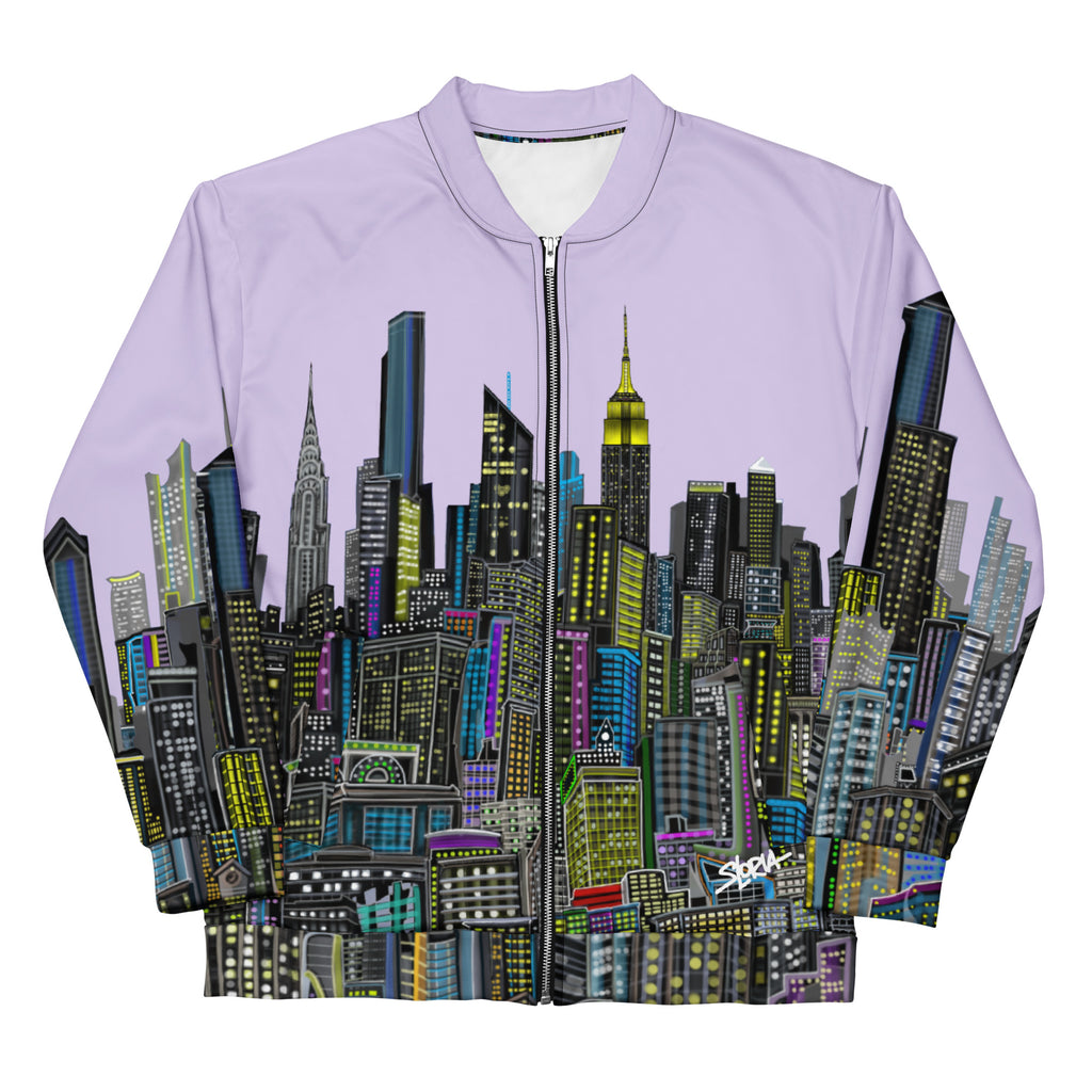 Light purple lavender bomber jacket with folded sleeves designed by Loria NYC Art with cityscape design on a white background