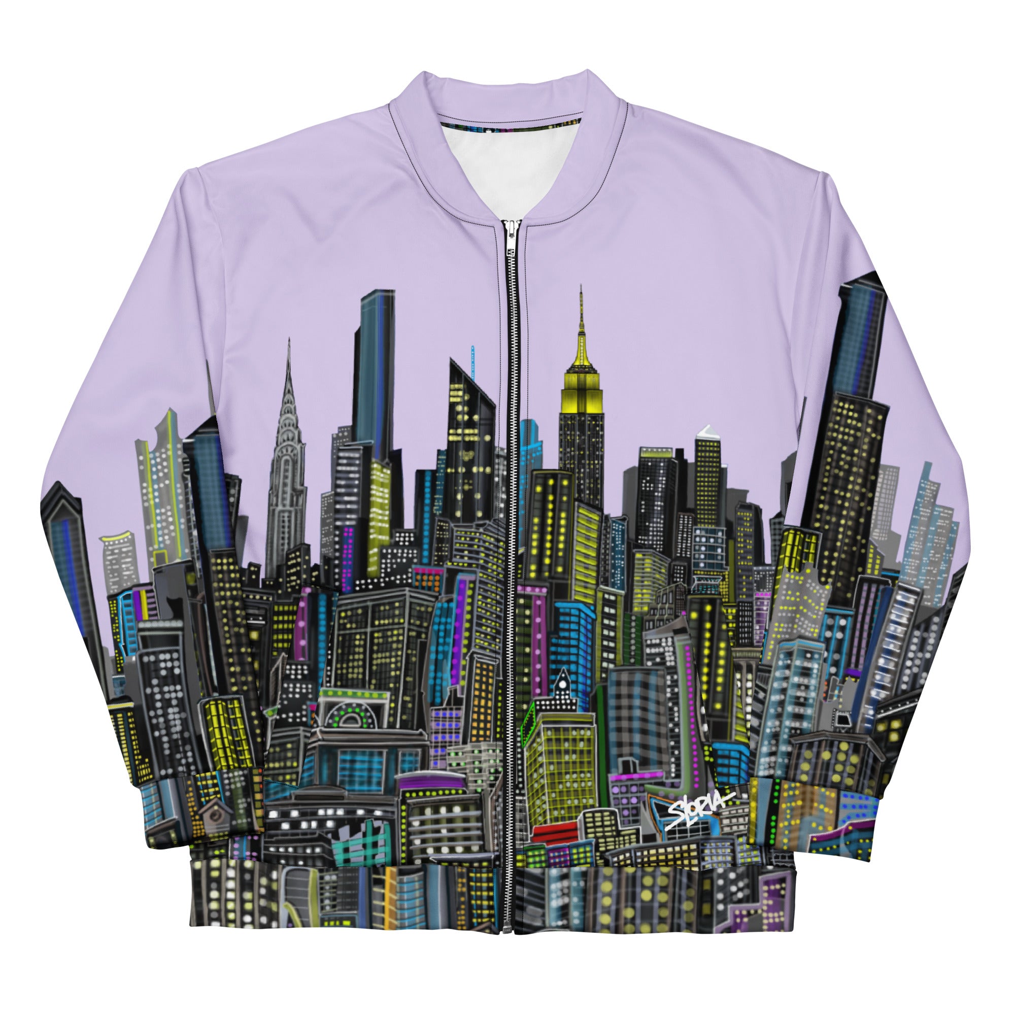 Light purple lavender bomber jacket with folded sleeves designed by Loria NYC Art with cityscape design on a white background