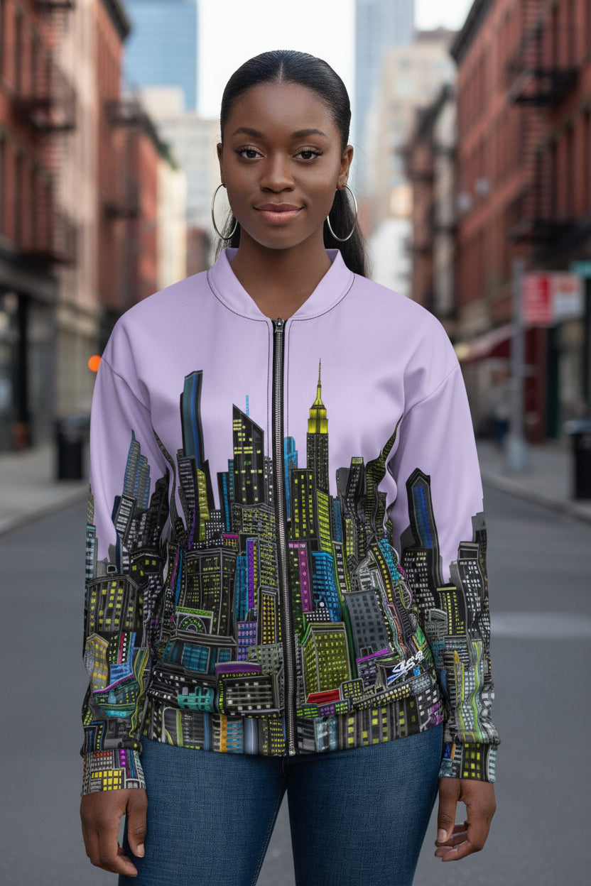 Girl wearing a Light purple lavender bomber jacket by Loria NYC Art with cityscape design on a urban background