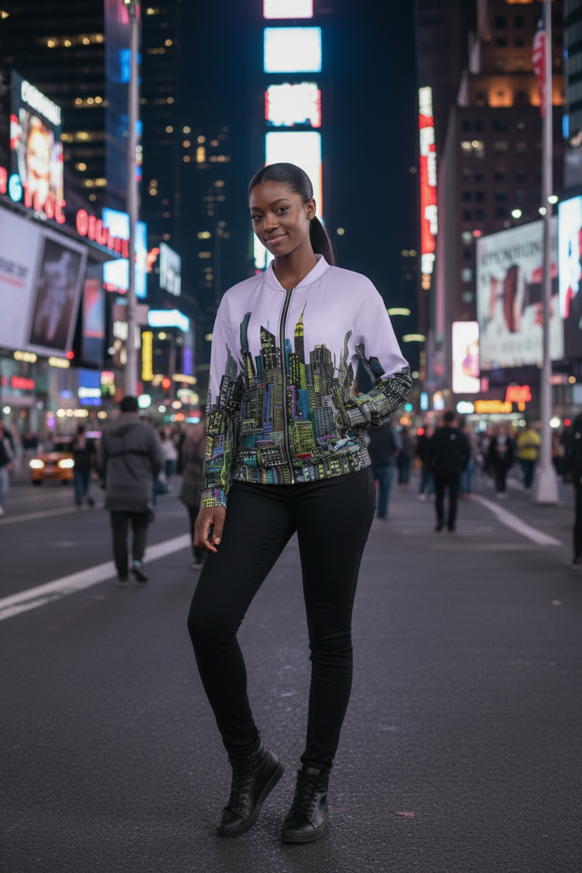 Person wearing a colorful cityscape Loria NYC Art jacket on a busy street at night.