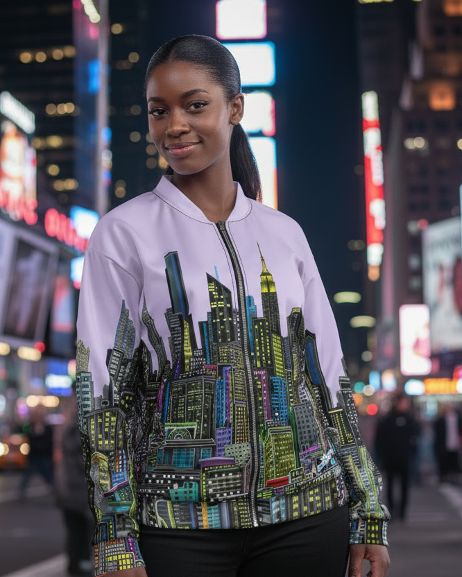 Woman wearing a colorful Loria NYC Art cityscape jacket in Times Square at night.