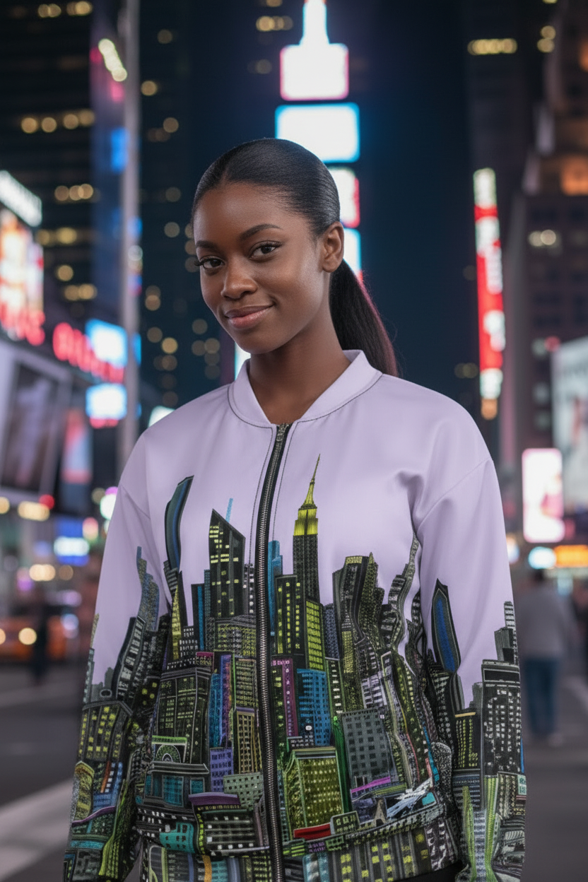 Woman wearing a jacket with cityscape Loria NnYC Art design on a blurred city street at night