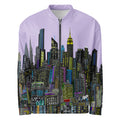 Light purple lavender bomber jacket designed by Loria NYC Art with cityscape design on a white background