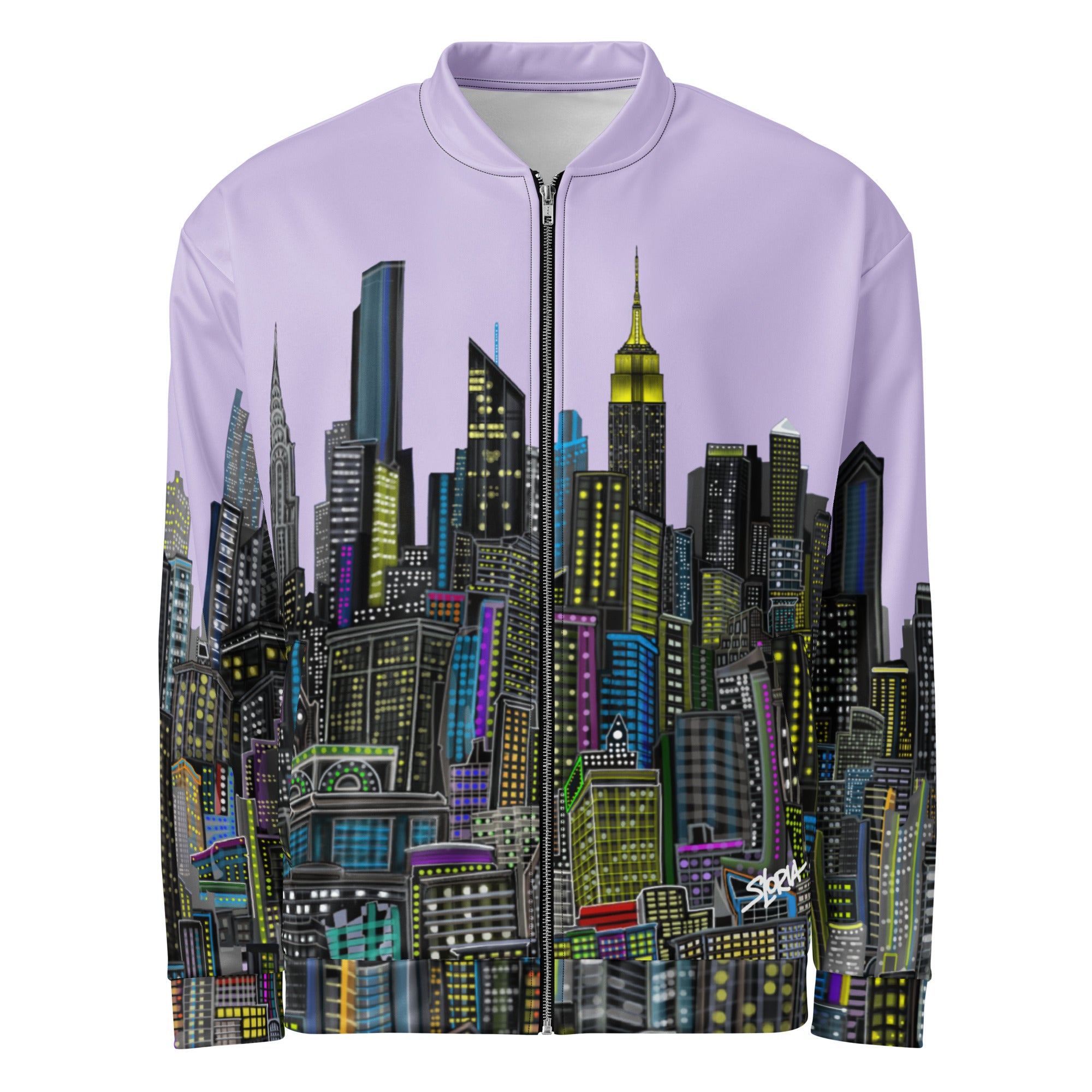 Light purple lavender bomber jacket designed by Loria NYC Art with cityscape design on a white background