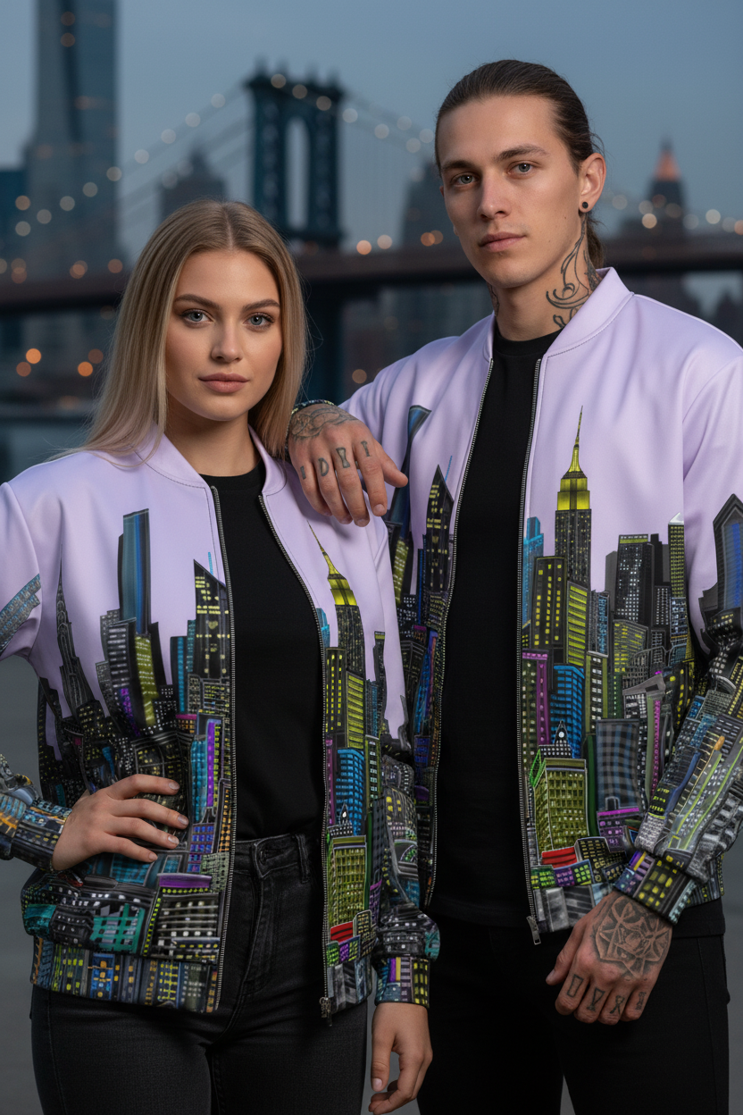 Two people wearing cityscape-themed  Loria NYC Art jackets with a bridge and skyline in the background
