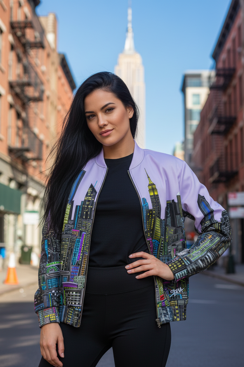 Person wearing a colorful cityscape Loria NYC Art jacket on an urban setting.