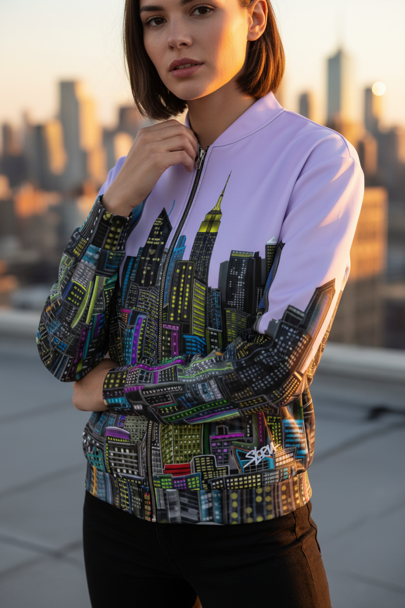 Woman wearing a colorful cityscape jacket by Loria NYC Art with a blurred city skyline in the background