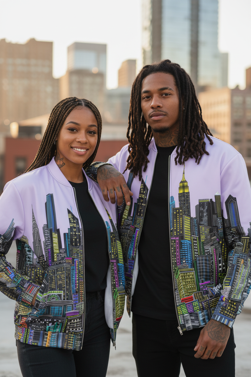 Two people wearing matching jackets with cityscape  Loria NYC Art design against a city skyline.