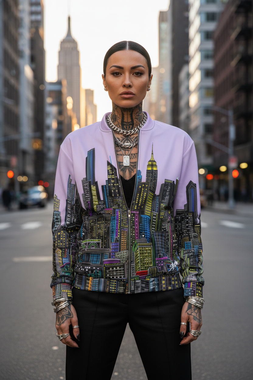 Person wearing a colorful cityscape Loria NYC Art jacket on a city street