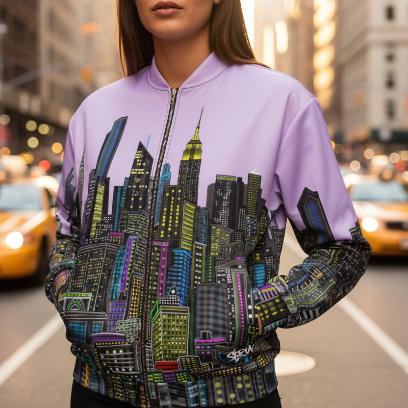Person wearing a purple Loria NYC Art jacket with a cityscape design on a city street.