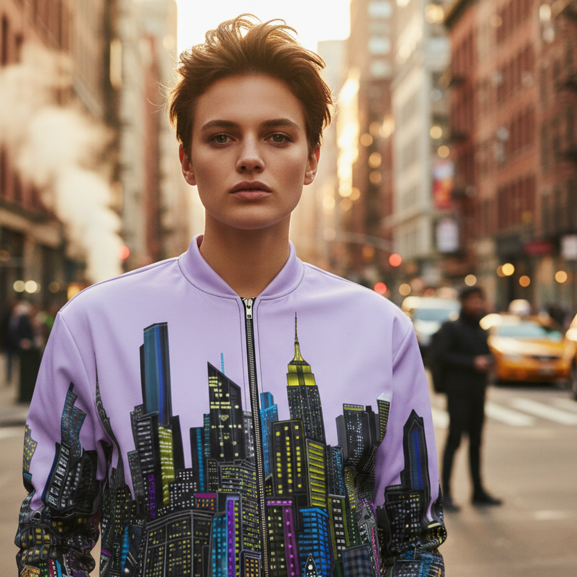 Person wearing a cityscape jacket by Loria NYC Art on a busy street